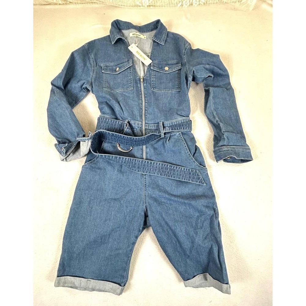 Denim Romper Women Size Medium Blue Utility Zip Front Long Sleeve Belted